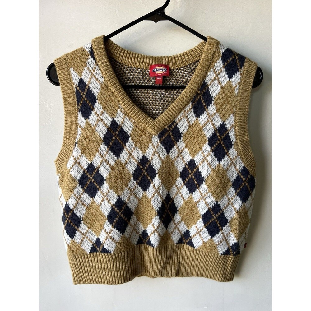 Dickies L Knit Argyle Sweater Vest Tan Navy White Sleeveless V Neck Casual